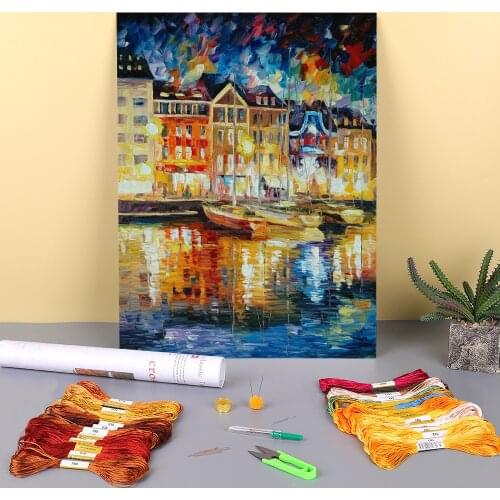 Night City Printed Water-Soluble Canvas 11CT Cross Stitch Patterns DIY Embroidery DMC Threads Craft Painting Counted