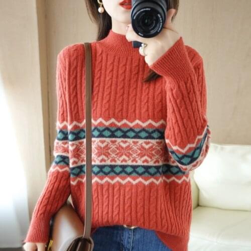 Knitting Bottoming Sweater Womens Half High Neck Pullover Retro Jacquard Sweater Loose Thicker To Keep Warm In Autumn Winter