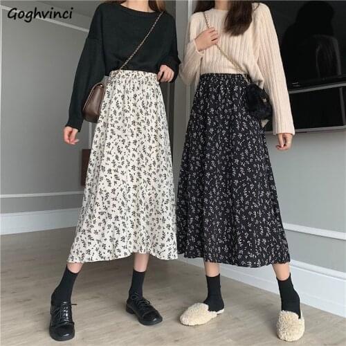 Skirts Women Floral Printed Elasticity Waist Empire Loose Plus Size Mid-calf Leisure Elegant Retro Ulzzang Korean Style Female