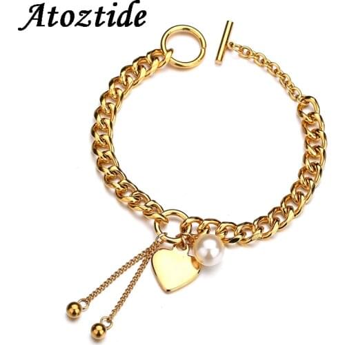 Atoztide Women Charm Freshwater Pearls Heart Chain Bracelet Stainless Steel Curb Cuban Gold Chain With OT Buckle Valentine Gift