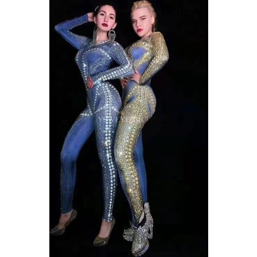 2 colors Silver Gold Rhinestones Long Sleeve Jumpsuit Birthday Celebrate Prom Outfit Women Singer Dancer Costume Evening Clothes