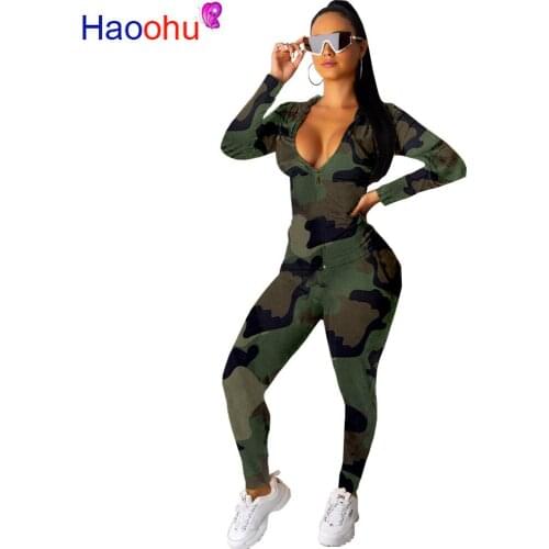 Camouflage Printing Autumn Women Set Long Sleeve Zipper Tops And Pencil Pants Two Piece Sets Casual Tracksuits Sporty Outfits