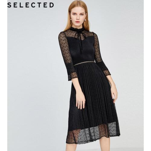 SELECTED Womens Lace Hollow-out Temperament Pleated Slim Mid-length Dress S|42012J510
