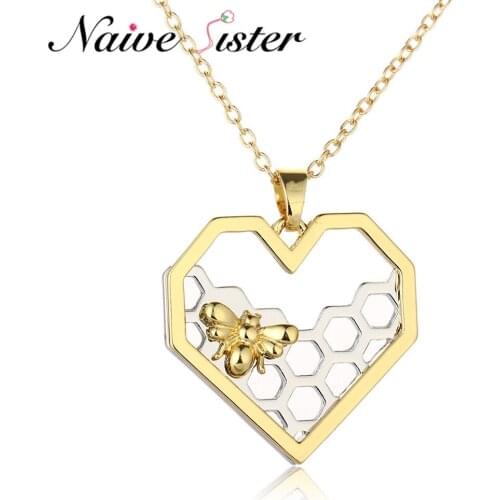 Fashion Heart Honeycomb Pendant Necklace For Women Gold-color Honey Gift Cute Bees Animal Insects Jewelry Hollow Out Design