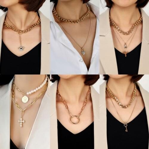 Vintage Big Chain Choker Multi Necklaces For Women Geometric Gold Crystal Necklaces Pendants Fashion Female Jewelry Wedding Gift