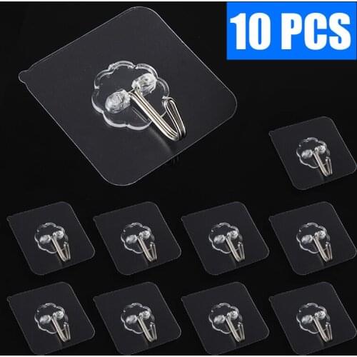 10pcs Removable Transparent Seamless Self Adhesive Wall Hooks Strong Sticky Nail-free Nano Hanger Space-saving Sucker for Home