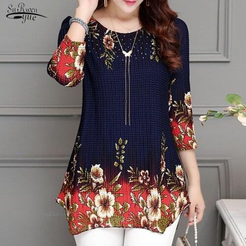 Blusas 2021 Fashion O-neck Women Blouse Vintage Plus Size Chiffon Shirt Floral Print Womens Clothing Elegant Feminine Tops 993D