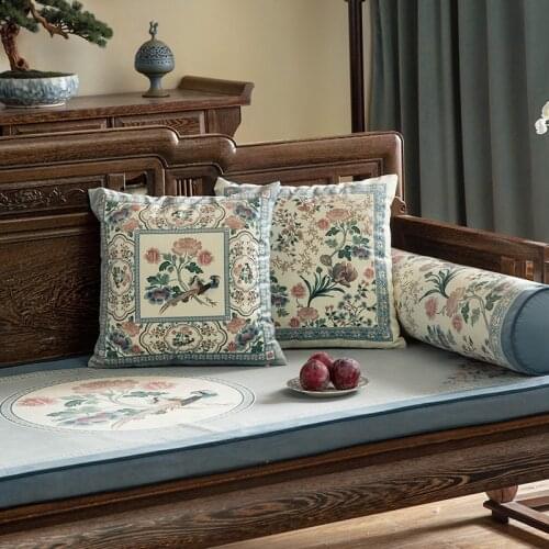 Decorative Square Throw Pillow Cover Cushion Case Velvet Chinese Flower Bird Pillow Case for Sofa Bed Couch Asian Floral Green