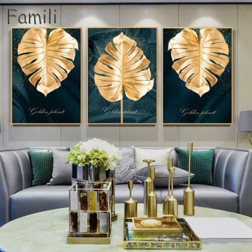 Wall Art Abstract Light and Luxurious Golden Leaves Picture Canvas Oil Painting Posters for Living Room Home Decorative Unframed