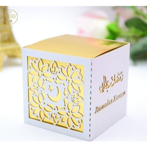 White and gold color laser cut arabic pattern personalized wedding ramadan favors box