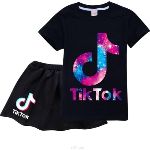 Tik Tok Cute Cartoon Printing Childrens Girls Skirt Suit Short Sleeve T-shirt Skirt 2-Piece Set Girls Casual Dress