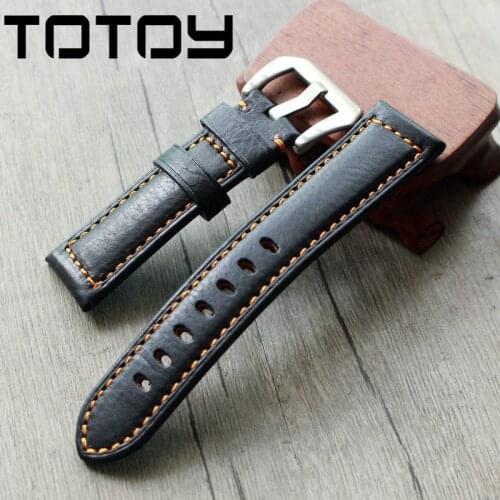 TOTOY Brack Leather Watchband,Vegetable Tanned Vintage Leather Watch Strap, 20MM 21MM 22MM 24MM 26MM Orange Stitching Watchband