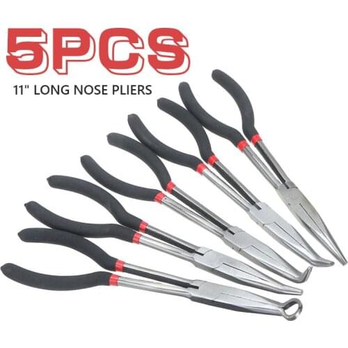 5Pcs 11" Long Reach Nose Pliers Set Straight Bent Tip Mechanics Hose Gripper O-type Multitool Antirust Hardware Hand Tool