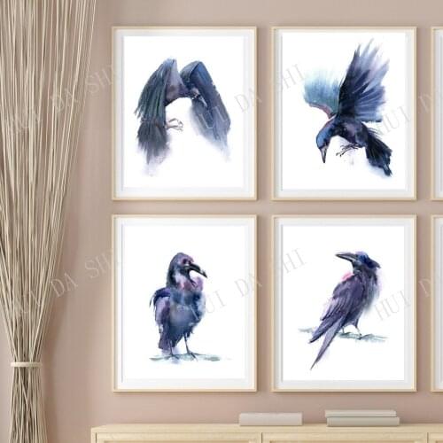 Crow gallery set, Raven giclee fine art print Set of 4 wall decor, watercolor Indigo Flying Birds painting, Halloween artwork