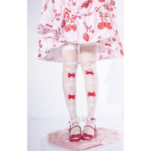 Strawberry Bow Tie Lolita Socks Womens Summer Mid-Calf Spun Glass Ultra-Thin Knee Socks Womens Lolita Japanese Lace Stockings