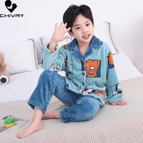 New Kids Flannel Pajama Sets Boys Girls Autumn Winter Thicken Warm Home Wear Cartoon Lapel Long Sleeve Sleeping Clothing Sets
