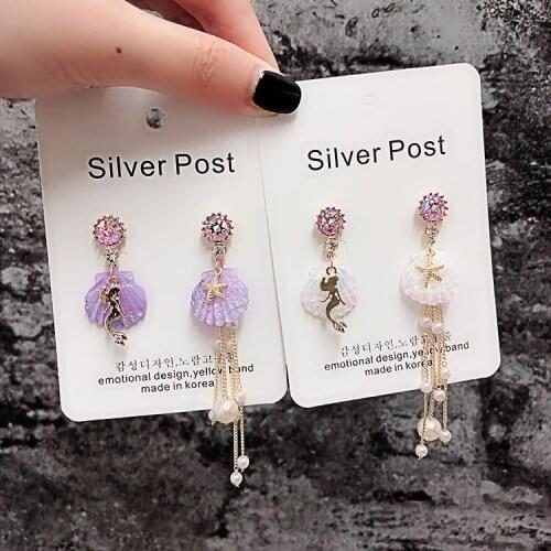 ROSE LIFE New Fashion Jewelry Asymmetric Pearl Tassel Earrings Pop Ocean Mermaid Pearled Shell Earrings Korean Style Earrings