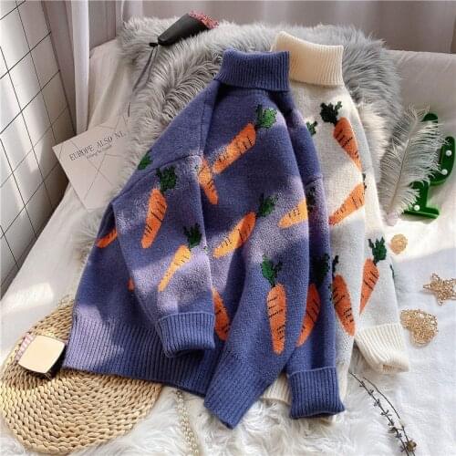 Autumn Winter Turtleneck Knitted Jumper Women Printed Long-Sleeved Loose Thicken Warm Ladies Elegant Sweaters Pullover Tops M356