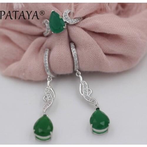 PATAYA Women Wedding Fine True White Gold Jewelry Green Water Drop Natural Zirconia Long Earrings Ring Sets RU Hot Multicolor