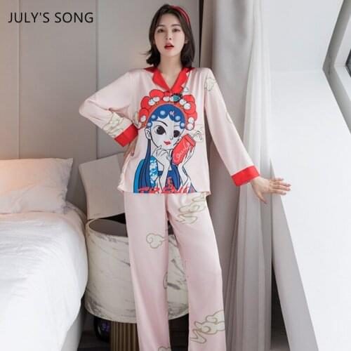 JULYS SONG 2020 New 2 Piece Pajamas Sets Satin Silk Peking Opera Printing Cartoon Long Sleeve Trousers Spring Autumn Sleepwear