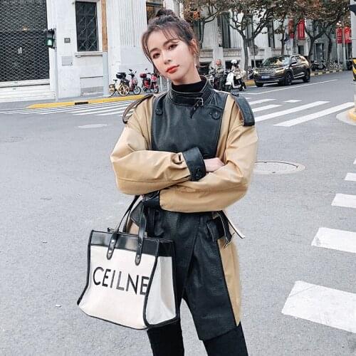 Pu Splicing Windbreaker Female Fashion England Loose Trench Women Coat New Spring Autumn Casual Quality Trench Leather Jacket F1