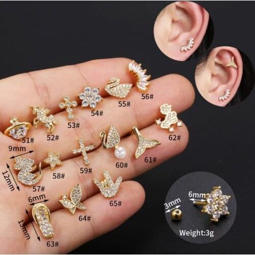 1Pc 20G Cartilage Piercing Gold Stud Earrings for Women Cz Animal Butterfly Cross Helix Conch Screw Back Ear Bone Body Jewelry