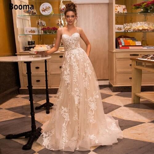 Booma Champagne Wedding Dresses Boho Beach 2020 Elegant Lace Appliques Bridal Gown Tulle Vintage Wedding Party Dress Plus Size