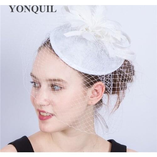 16 Colors Bridal Net Party Fascinator Hat Elegant White Flower Feathers Veil Headpiece Bride Face Veils Wedding Bride Cap SYF191