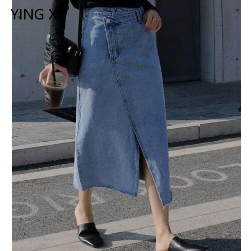 YING XI 2020 Spring Solid Casual Asymmetry Slit Skirts Womens Cotton Button Pocket Zipper MD-Long Skirt