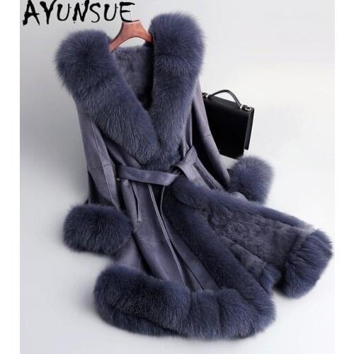 AYUNSUE Elegant High-end Natural Rabbit Fur Coat Female Winter 2021 Hooded Real Fox Fur Collar Jacket Women Manteau Femme Gxy521