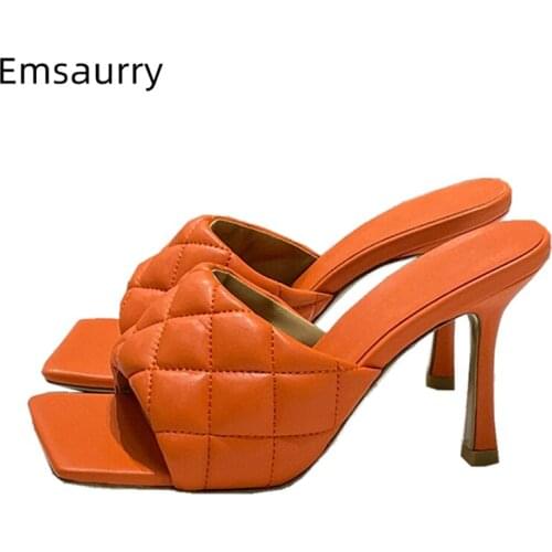 Sewing Genuine Leather One-Strap Runway Mules Lady Summer Square Open Toe Multicolor Slingbacks High Heel Sandals Women
