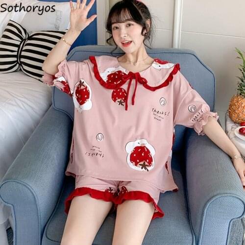 Women Pajama Sets Short Sleeve Ruffles Cartoon Printed Lovely Fashion Loose Casual Cozy Elastic Waist Ulzzang Sweet Breathable