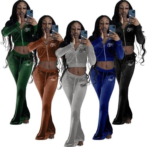 Echoine Two-piece Embroidery Letter Print Two-piece Autumn Woman Long Sleeve Zipper Coat Tops Trousers Flared Sports Outfits