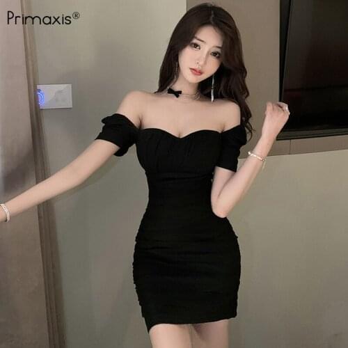 Primaxis Summer clothes for women 2021 bodycon dress new style mesh sexy one-word collar folds sexy waist bag hip slim dresses