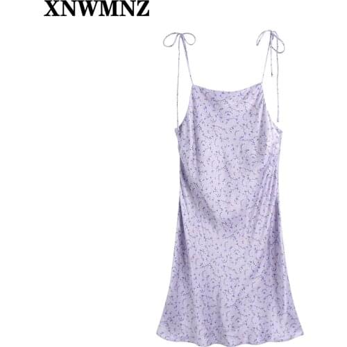 XNWMZN women purple print mini dresses sexy fashion straight neck tied adjustable straps summer dress party elegent female dress