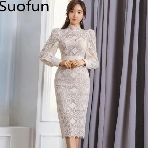 Suofun Casual Slim Puff Sleeve Hollow Out Lace Stand Beige Ladies 2021 Hot Sale Autumn Elegant Bodycon Women OL Pencil Dresses