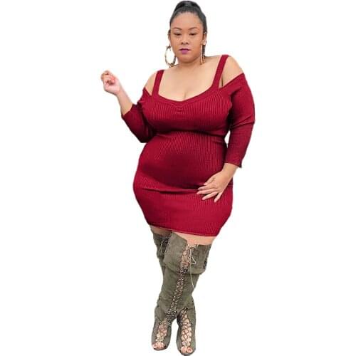 Plus Size Knitted Off Shoulder Dress Women Long Sleeve Party Short Dress Spring Summer 2021 Red Color Dress Casual Streetwear