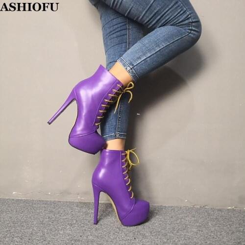 ASHIOFU New Arrival Ladies High Heel Platform Boots Cross Shoelace Party Prom Ankle Boots Real Photos Evening Fashion Boots
