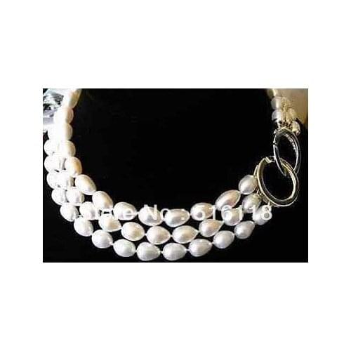 Free Shipping 3 row TRIPLE STRANDS GENUINE AKOYA WHITE PEARL NECKLACE