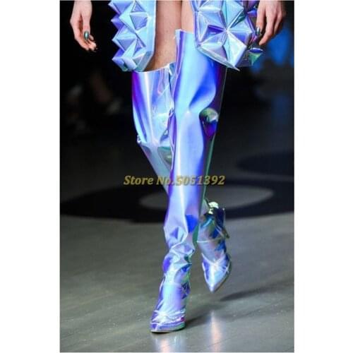 Laser Shiny Elegant 12 cm Heeled Thigh High Boots Over The Knee Solid Stiefel Women Runway Boots Winter Pointed Toe Shoes