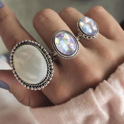 Women Boho Vintage Silver Color Big Stone Ring Set for Women Fashion Bohemian Jewelry 2019 New Hot