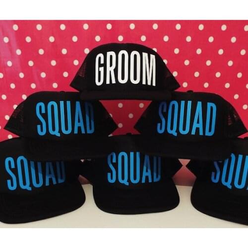 Personalize GROOM SQUAD wedding groomsmen Bachelorette party Mesh Trucker Snapback trucker hats caps gifts favors decoration