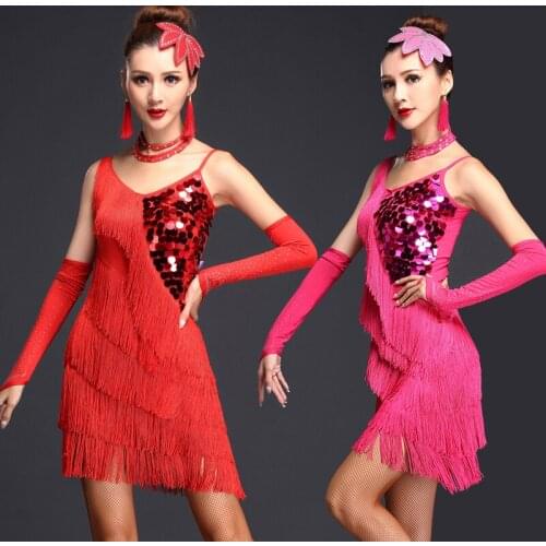 Latin Dance Dress Dancing Ballroom Wear Adult Salsa Sango Dress for Adults Womens Ladies Competition Costume Sequin Fringe