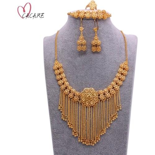 24K Gold Luxury Jewelry Sets Women Party 2021 Dubai Jewelry Set Drop Earrings Necklace Bracelet Ring Set Statement F1207 CACARE