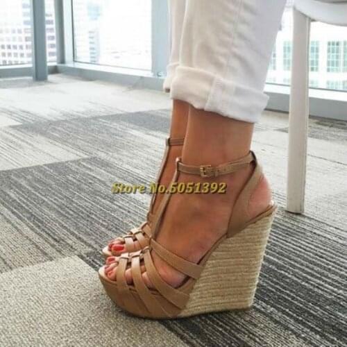 Khaki Wedges Platform Sandals Peep Toe Ankle Buckle Cut Out T Strap Summer Ladies Shoes Weave Heel Front Rear Strap