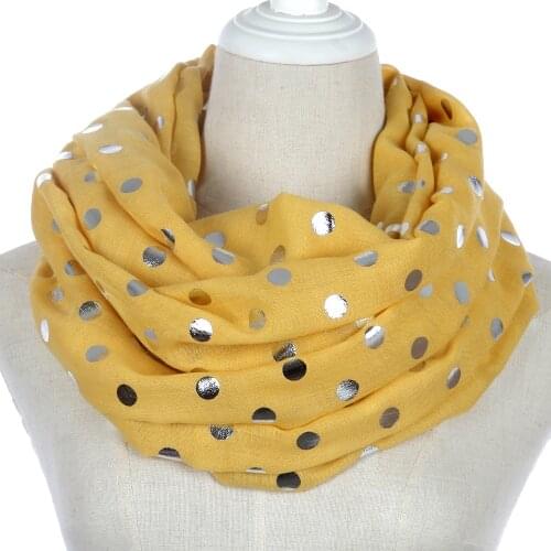 Winfox 2019 Fashion Yellow Polka Dot Chiffon Scarf Girl Women Shiny Foil Silver Loop Round Scarf Shawl For Ladies