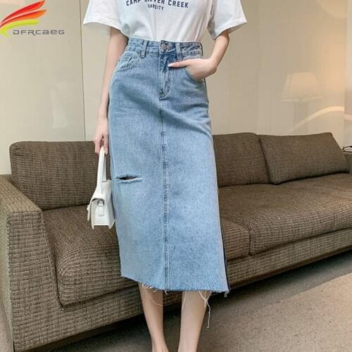 Women Denim Skirt Long Withe Hole 2021 Summer New Arrival Blue Color High Waist Side Slit Maxi A Line Casual Jean Skirts Womens