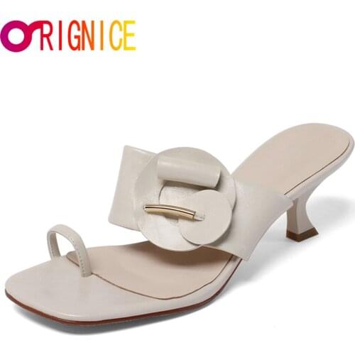 Orignice New Design Beige Apricot Square Clip Toe Female Slippers Outdoor Fashion Kitten-Heels Sandals Summer Shoes Size 34-40