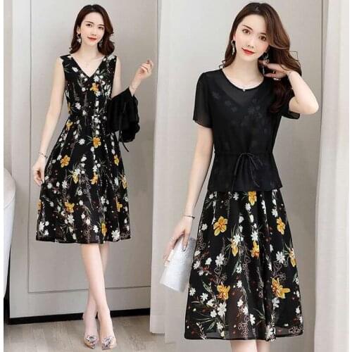 Summer Chiffton two-piece Set Plus Size Slim Floral Print Short Sleeve A-line Black Green Purple Elegant Women Dress