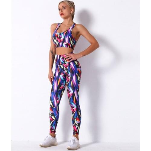 Colorful Graffiti Women Suit 2 Pcs High Waist Leggings+Beauty Back Bra Polyester Sports Running Set Hips Push Up Suit Sportswear